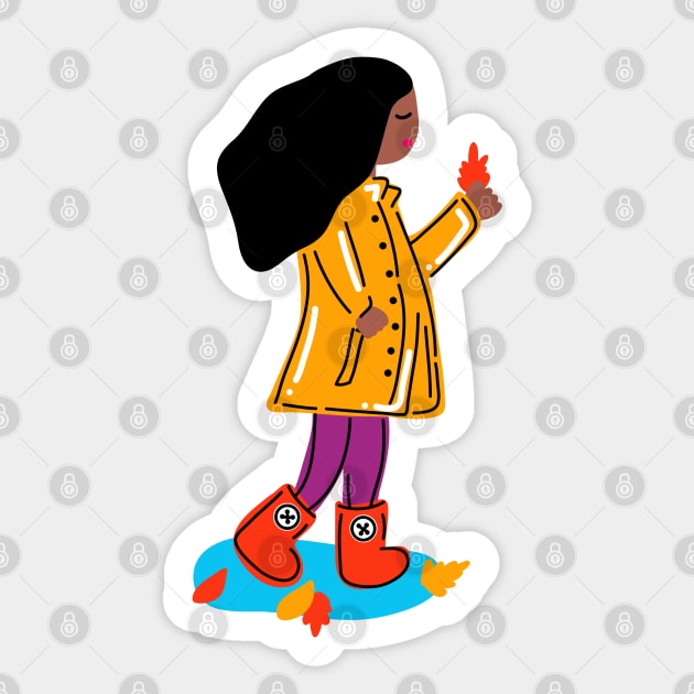 Lovely Autumn Girl With Rain Coat, Boots And Fall Leaves (Dark Skin Tone) Sticker by faiiryliite